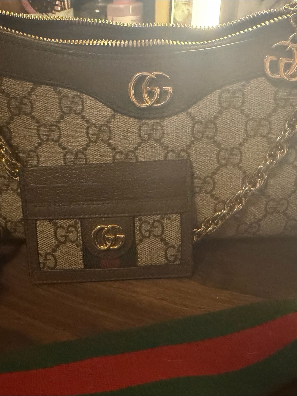 Gucci Beige GG Canvas Shoulder Bag with Brown Trim and Gold Hardware
